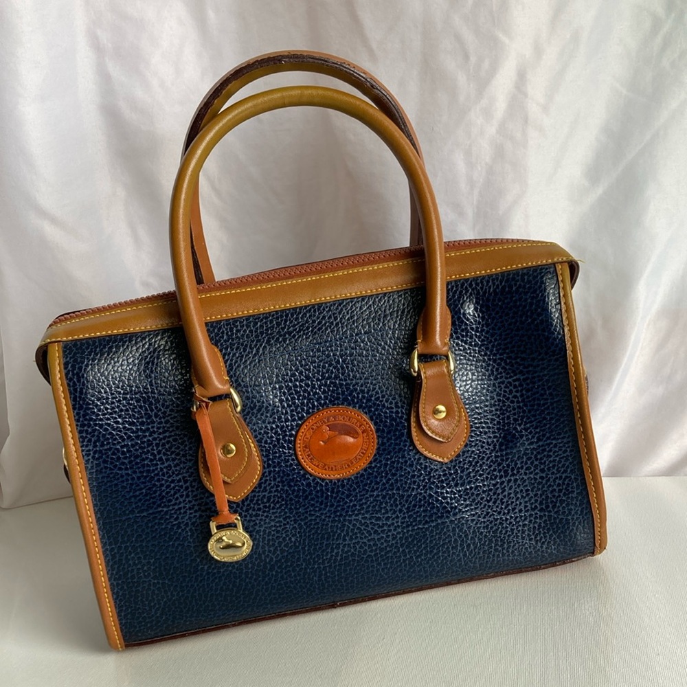 Dooney & Bourke Navy Pebbled Leather Satchel with Brown Trim